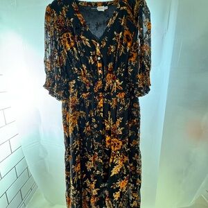 Piper&Scoot Black Midi Dress w/ Orange Burnout Velvet Floral Appliqué 2X